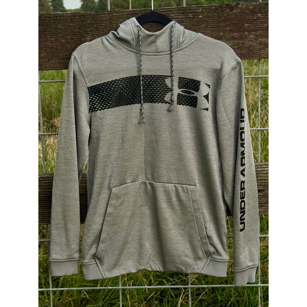 Under Armour ColdGear‎ Mens Small Gray Graphic Logo Hoodie Sweatshirt Loose Fit